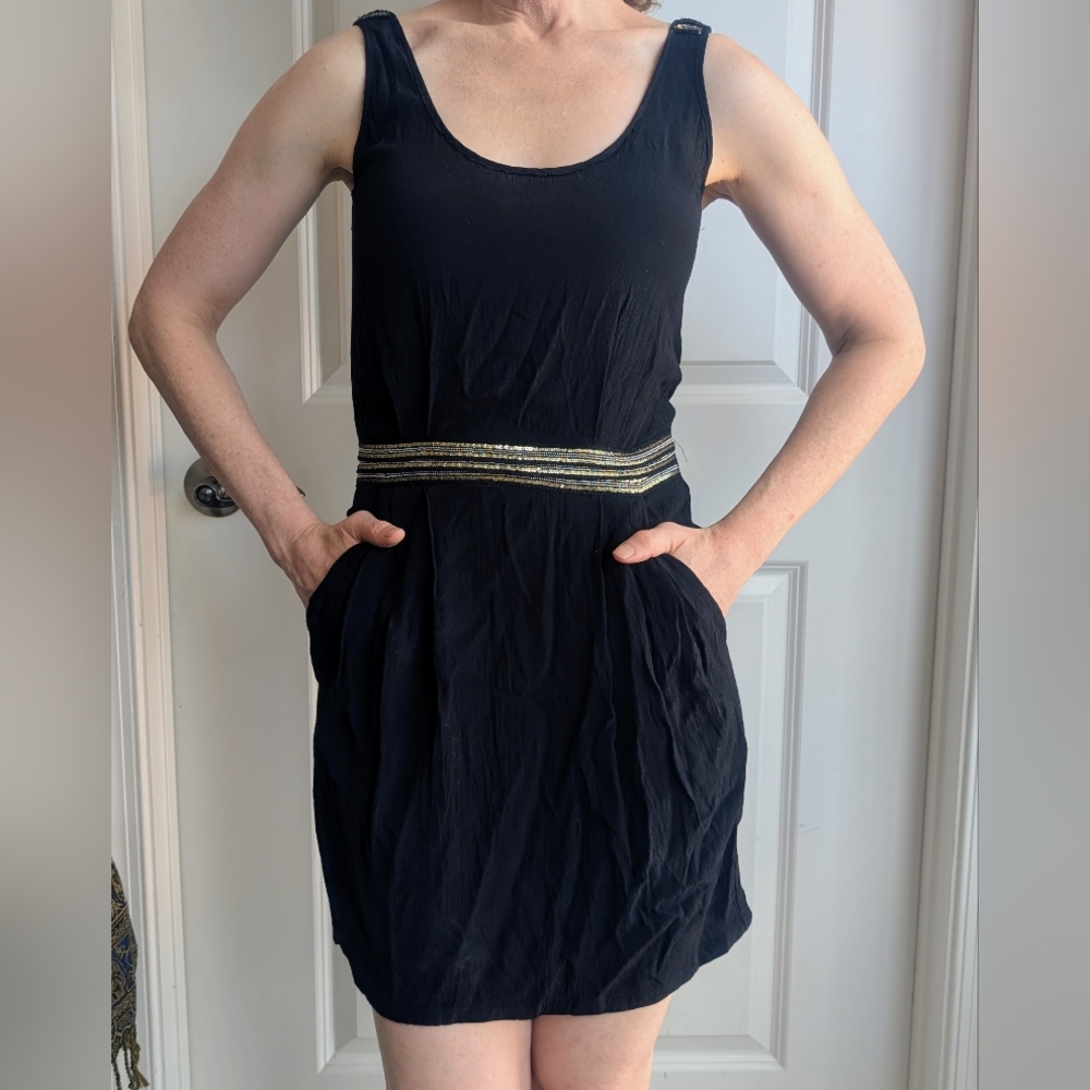 Sleeveless Black Mini Dress. Gold Sequin Shoulder and Waist Accents.  By Mango